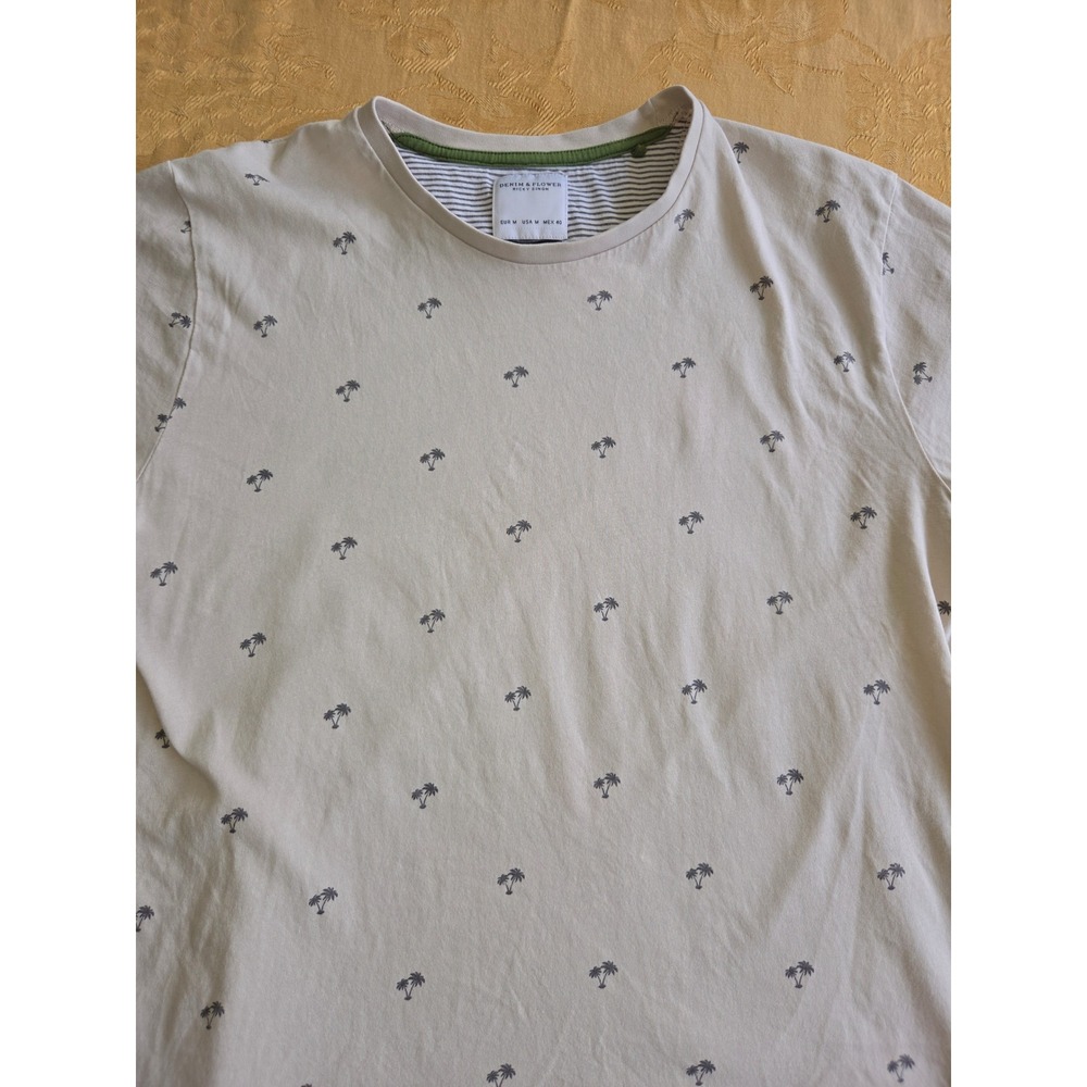 Denim & Flower Ricky Singh Mens Palm Tree Print T-Shirt Beige Short Sleeve M
